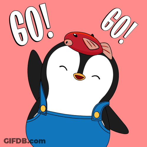A Penguin Wearing Blue Overalls Has A Red Fish On Its Head And The Words Go Above It GIF