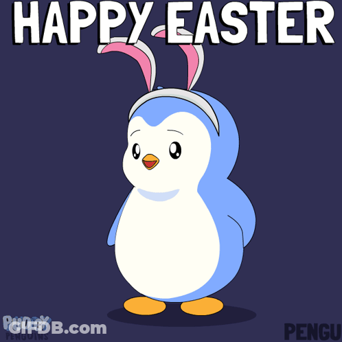 A Penguin Wearing Bunny Ears Holds An Easter Egg GIF