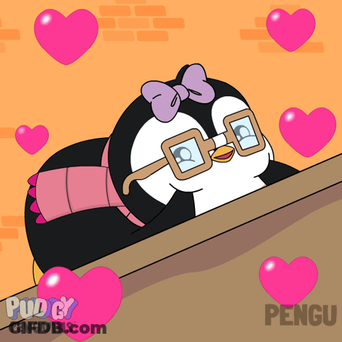 A Penguin Wearing Glasses And A Pink Bow Is Surrounded By Pink Hearts And The Word Pengu On The Bottom GIF