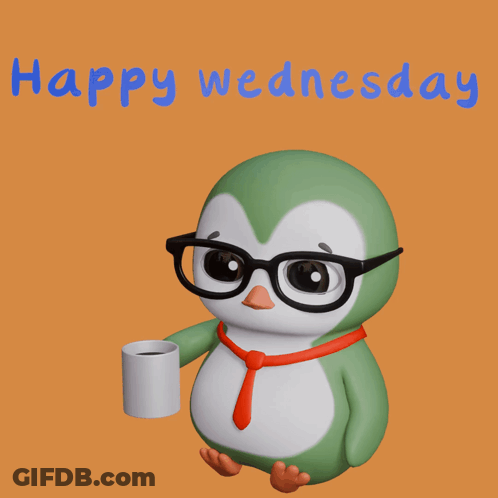 A Penguin Wearing Glasses And A Tie Is Holding A Cup Of Coffee And The Words Happy Wednesday Are Above It GIF