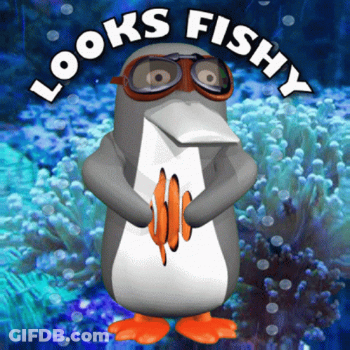 A Penguin Wearing Goggles And Holding A Fish With The Words Looks Fishy Above Him GIF