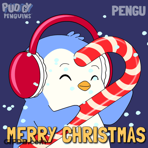 A Penguin Wearing Headphones Is Holding A Candy Cane And The Words Merry Christmas Are Above It GIF