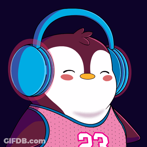 A Penguin Wearing Headphones Is Wearing A Pink Jersey With The Number 23 On It GIF