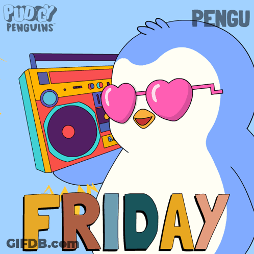 A Penguin Wearing Heart Shaped Sunglasses Stands In Front Of A Boombox With The Word Friday Below It GIF
