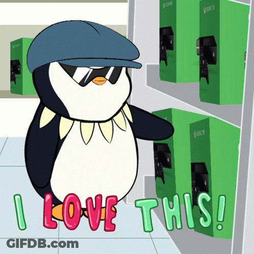 A Penguin Wearing Sunglasses And A Hat Is Standing In Front Of Xbox Boxes GIF