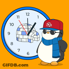 A Penguin Wearing Sunglasses And A Hat Stands In Front Of A Clock That Shows The Time As 4:20 GIF