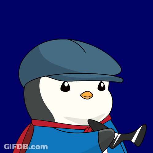 A Penguin Wearing Sunglasses And A Hat With The Letter R On His Shirt GIF