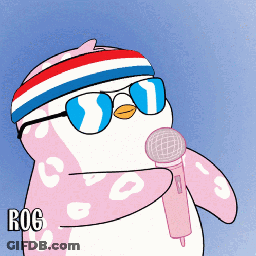 A Penguin Wearing Sunglasses And A Headband Is Holding A Microphone And The Word Rog Is On The Bottom GIF