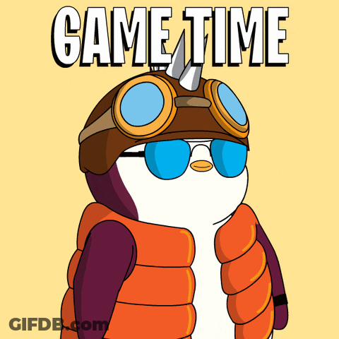A Penguin Wearing Sunglasses And A Helmet With The Words Game Time Above It GIF