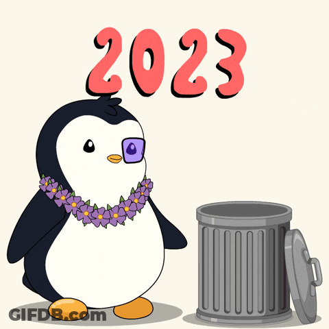 A Penguin Wearing Sunglasses And A Lei Stands Next To A Trash Can With The Year 2024 Written On It GIF