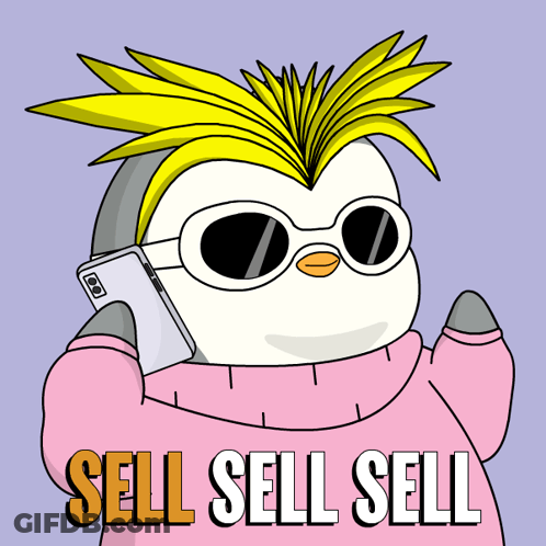 A Penguin Wearing Sunglasses And A Pink Sweater Is Holding A Cell Phone With The Words Sell Sell Sell Below It GIF