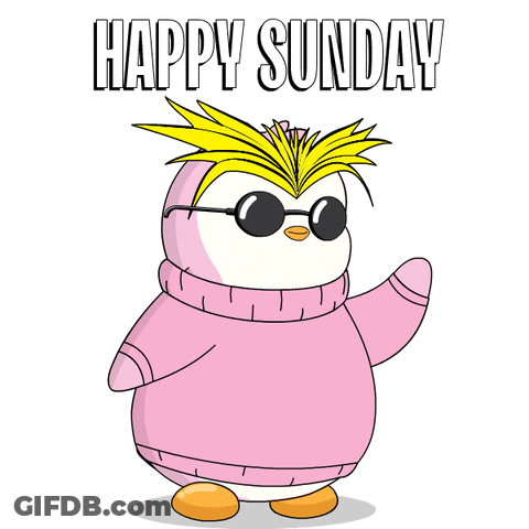 A Penguin Wearing Sunglasses And A Pink Sweater With The Words Happy Sunday Above It GIF