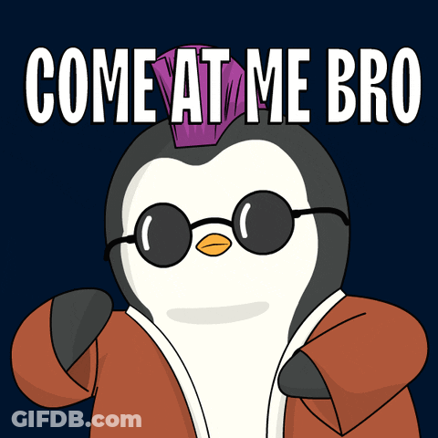 A Penguin Wearing Sunglasses And A Purple Hat Says " Come At Me Bro " GIF