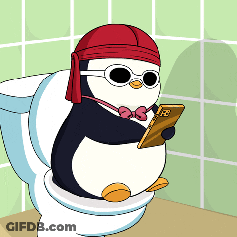 A Penguin Wearing Sunglasses And A Red Bandana Is Sitting On A Toilet GIF