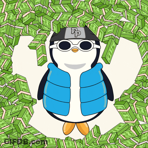 A Penguin Wearing Sunglasses And A Rp Hat Is Surrounded By Money GIF