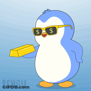 A Penguin Wearing Sunglasses And Holding A Gold Bar With The Word Pengu On The Bottom GIF