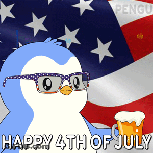 A Penguin Wearing Sunglasses Holds A Mug Of Beer In Front Of An American Flag GIF