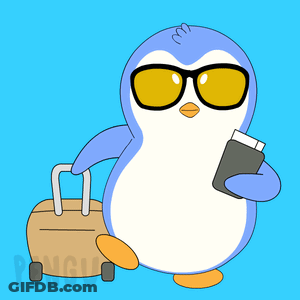 A Penguin Wearing Sunglasses Holds A Passport And A Ticket GIF