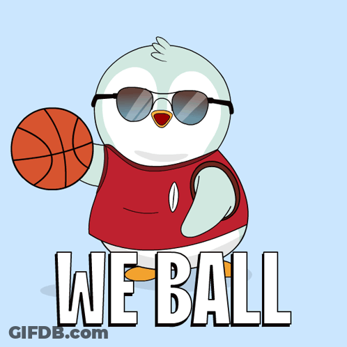 A Penguin Wearing Sunglasses Is Holding A Basketball And Says " We Ball " GIF