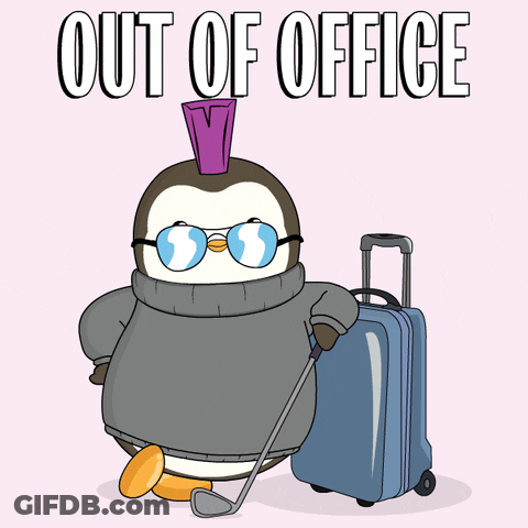 A Penguin Wearing Sunglasses Is Holding A Golf Club And A Suitcase With The Words Out Of Office Above It GIF