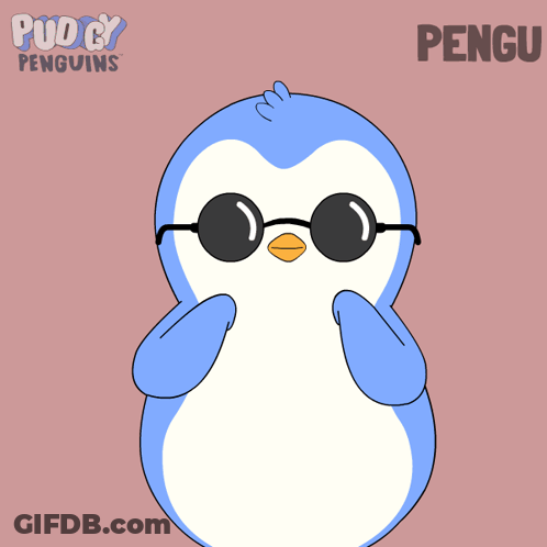 A Penguin Wearing Sunglasses Is Holding Two Red Hearts And The Word Pengu Is On The Bottom GIF