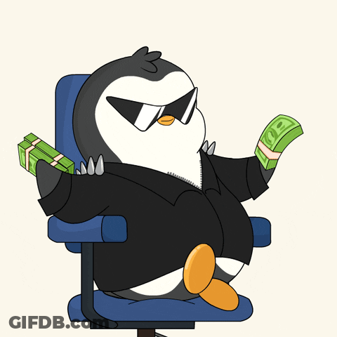 A Penguin Wearing Sunglasses Is Sitting In An Office Chair Holding A Stack Of Money GIF