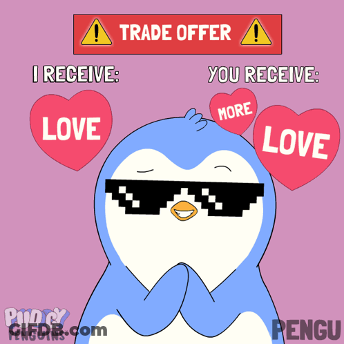 A Penguin Wearing Sunglasses Is Surrounded By Hearts That Say " Love " GIF