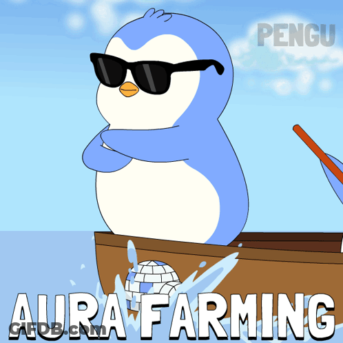 A Penguin Wearing Sunglasses Sits In A Boat With The Words Aura Farming Below Him GIF