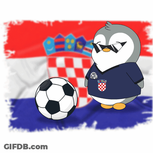 A Penguin Wearing Sunglasses Stands Next To A Soccer Ball In Front Of A Croatia Flag GIF