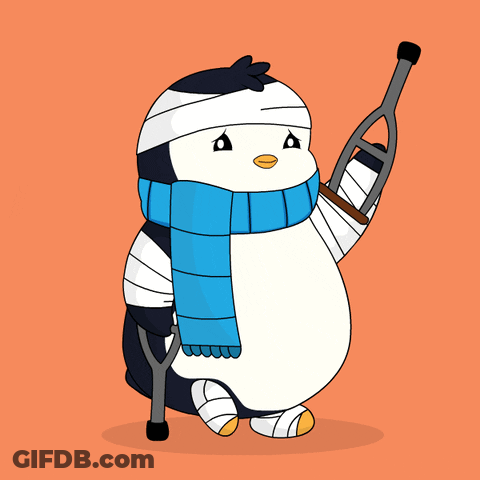 A Penguin With A Bandage On Its Head And A Scarf Is Holding Crutches GIF