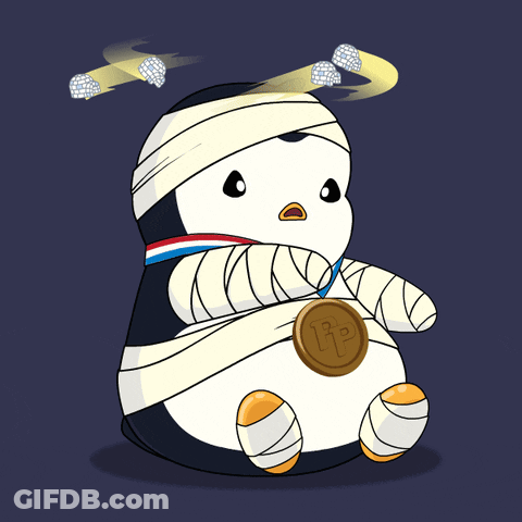 A Penguin With A Bandage On Its Head Is Holding A Medal That Says P On It GIF