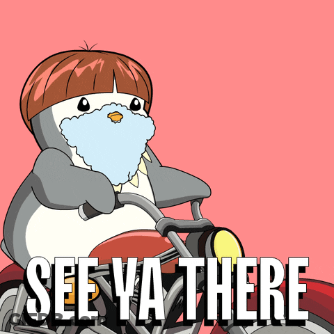 A Penguin With A Beard Is Riding A Motorcycle With The Words See Ya There Above Him GIF