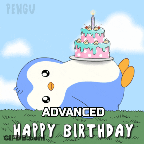 A Penguin With A Birthday Cake On Top Of It And The Words Advanced Happy Birthday GIF