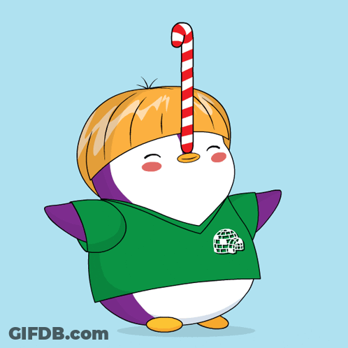 A Penguin With A Candy Cane In Its Mouth GIF