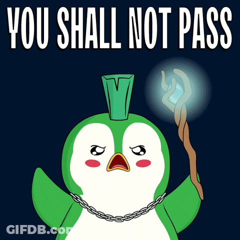A Penguin With A Cane And The Words " You Shall Not Pass " Behind It GIF