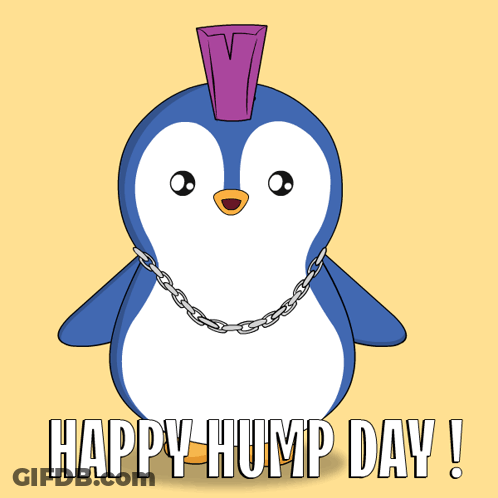 A Penguin With A Chain Around Its Neck And The Words Happy Hump Day GIF