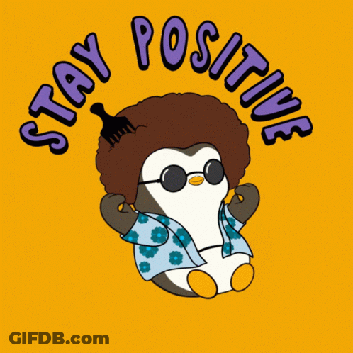 A Penguin With A Comb In Its Hair And The Words " Stay Positive " Around It GIF