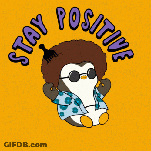A Penguin With A Comb In Its Hair Is Surrounded By The Words " Stay Positive " GIF