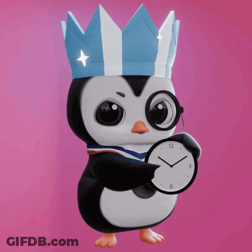 A Penguin With A Crown And Glasses Holds A Clock GIF
