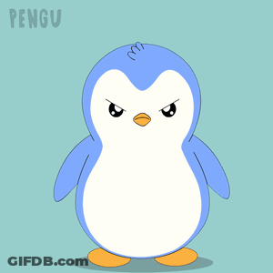 A Penguin With A Crown Of Flames On Its Head And The Word Pengu Below It GIF
