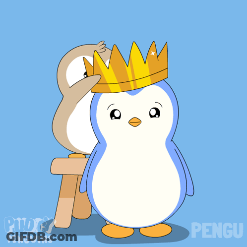 A Penguin With A Crown On Its Head Stands Next To Another Penguin GIF