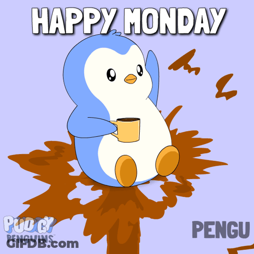 A Penguin With A Cup Of Coffee And The Words Happy Monday Behind It GIF