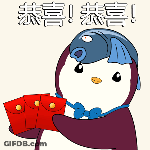 A Penguin With A Fish On Its Head Is Holding A Bunch Of Red Envelopes GIF
