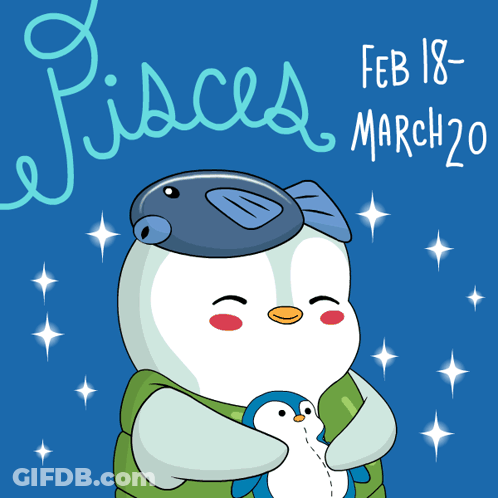 A Penguin With A Fish On Its Head Is Holding A Penguin In Front Of A Sign That Says " Pisces " GIF
