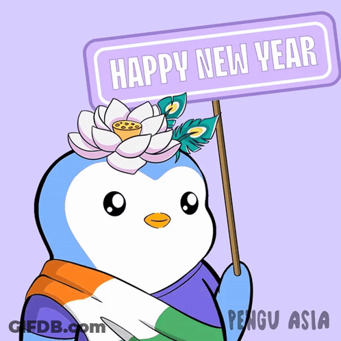 A Penguin With A Flower In Its Head Holds A Sign That Says Happy New Year GIF