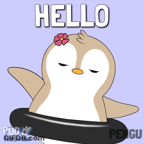 A Penguin With A Flower On Its Head And The Words Hello GIF