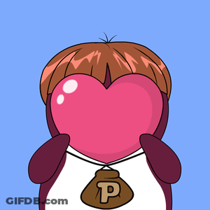 A Penguin With A Heart In Front Of Its Face Has A Bag With The Letter P On It GIF