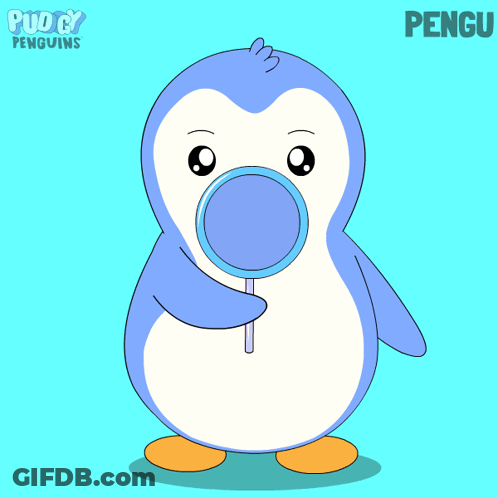 A Penguin With A Heart Shaped Scarf Around Its Neck And The Word Pengu On The Bottom Right GIF