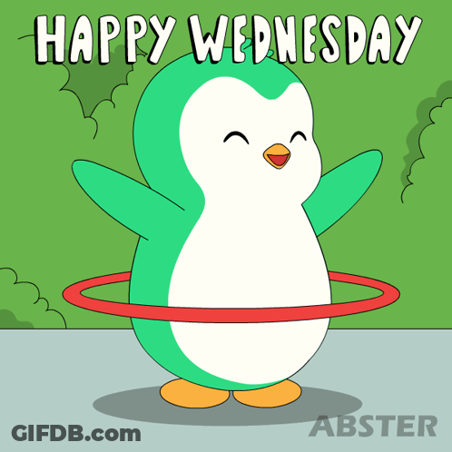 A Penguin With A Hula Hoop Around Its Neck And The Words Happy Wednesday Above It GIF
