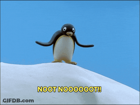 A Penguin With A Long Nose Is Standing On Top Of A Snow Covered Hill And Says Noot Nooooot GIF